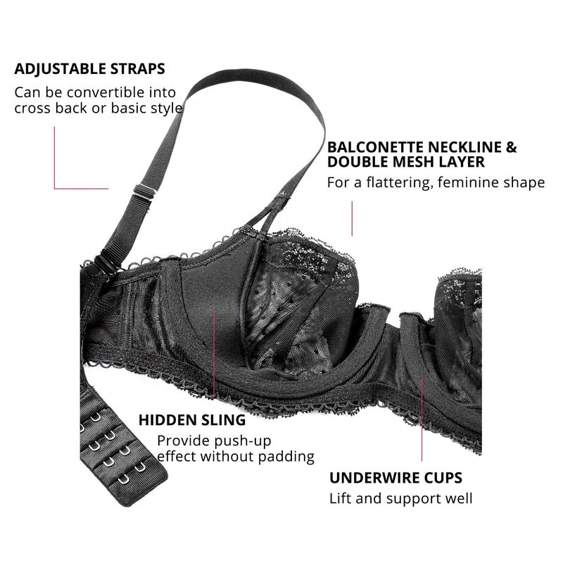 DOBREVA Women's Sexy Lace Bra Underwire Balconette Unlined Demi Sheer Plus Size Black 34D - Image 5